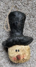 Folk art snowman head ornament rustic primitive black top hat paper mache ?