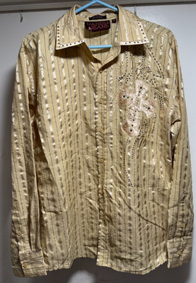 Danesi Jeans Mens Shiny Striped Gold Cross Embellished Button Up Shirt Medium