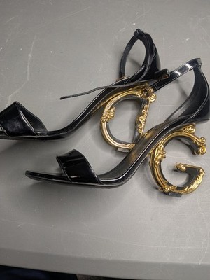 Dolce&Gabbana Sculpted-Heel Baroque DG Leather Sandals size 39.5 Retail $1975