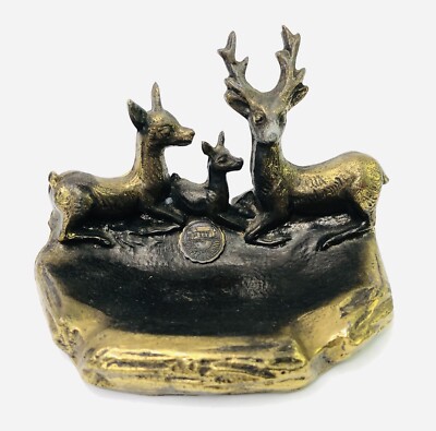 COOPER STOWNNY Heavy Brass Deer Ashtray Souvenir Deers Family Trinket Tray Gold