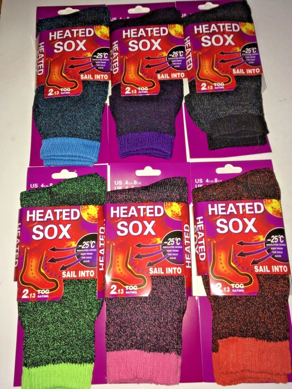 6 Pairs of Multicolored Heated Sox - 2.13 Tog Rating - Size 4.5 - 8.5
