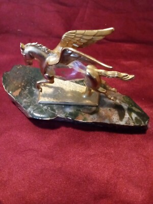 Vintage 1984 Manono Pegasus Flying Horse Gold Tone W/Crystal Body On Marble Base