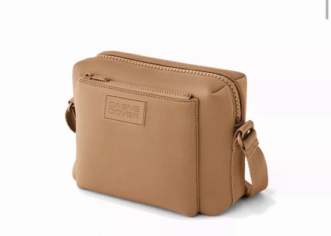 NWT Dagne Dover Micah Neoprene Crossbody Camel Brown Adjustable Strap Zip Top