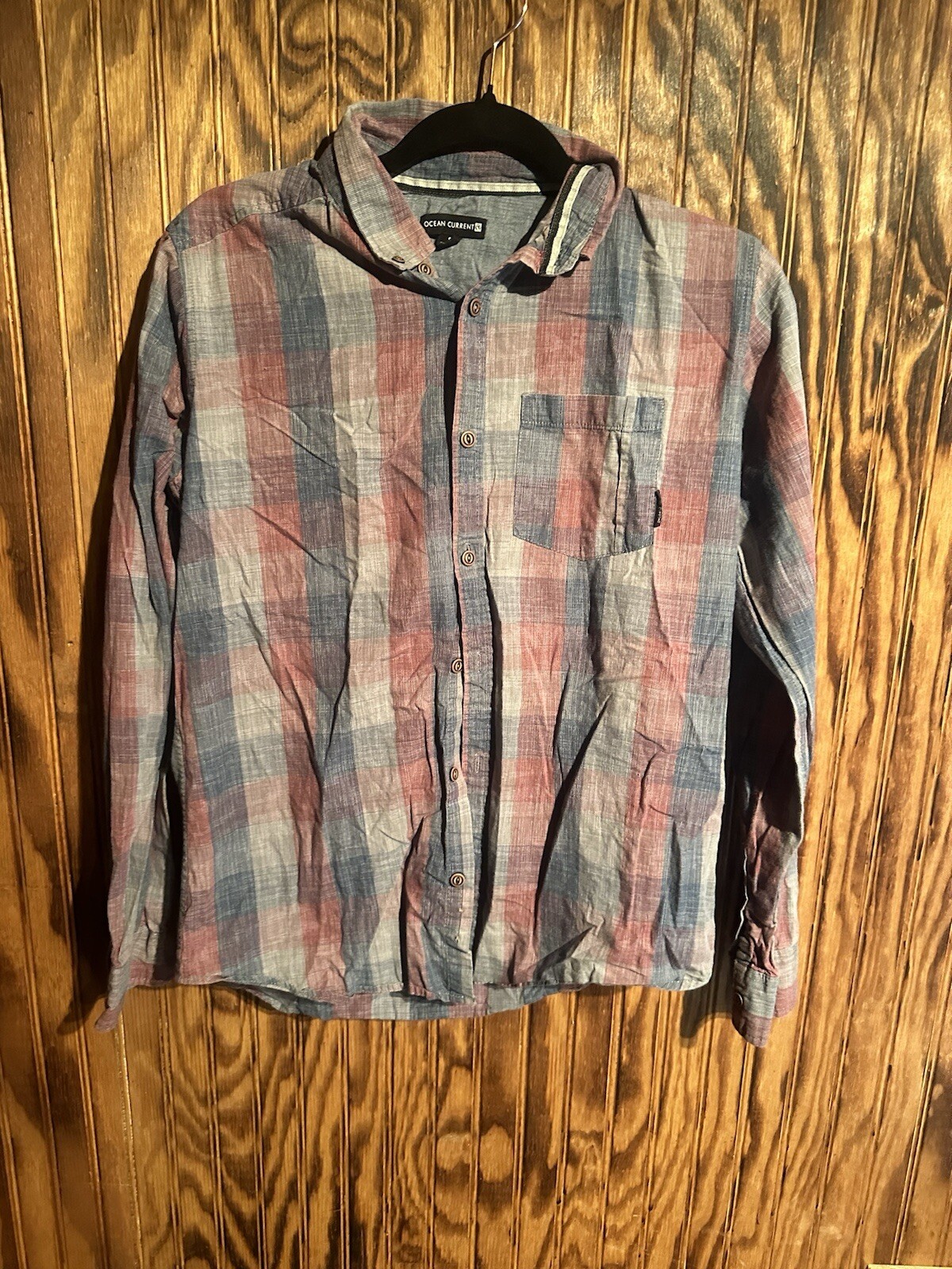 Ocean Current Red Gray Blue Checked Button Down S… - image 1