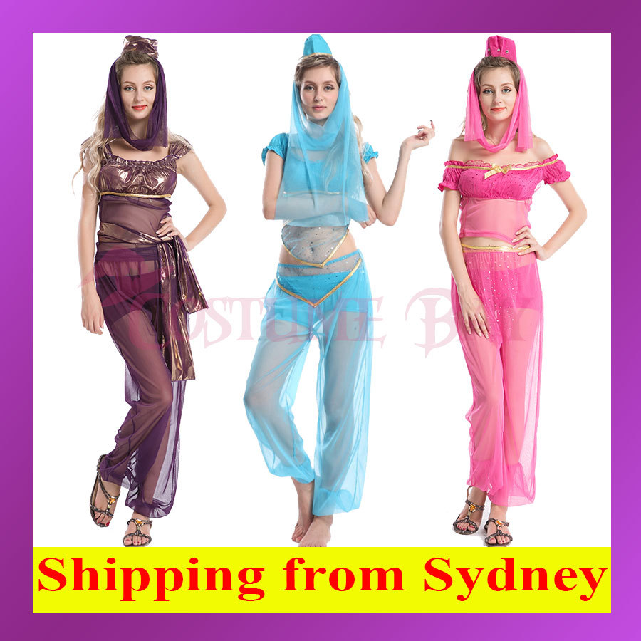 Womens Blue Purple Pink Genie Jasmine Aladdin Belly Dance Fancy Dress  Costume | eBay