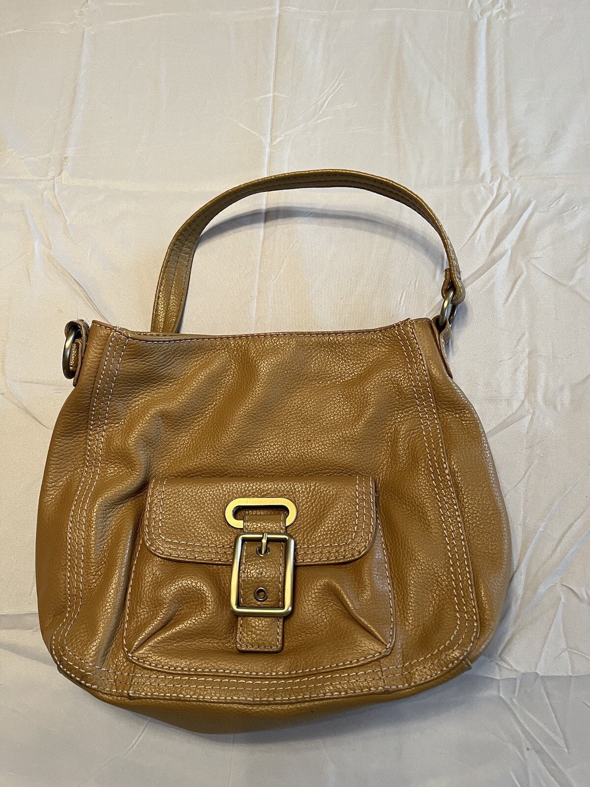 Camel leather St. John's Bay top handle satchel with shoulder strap