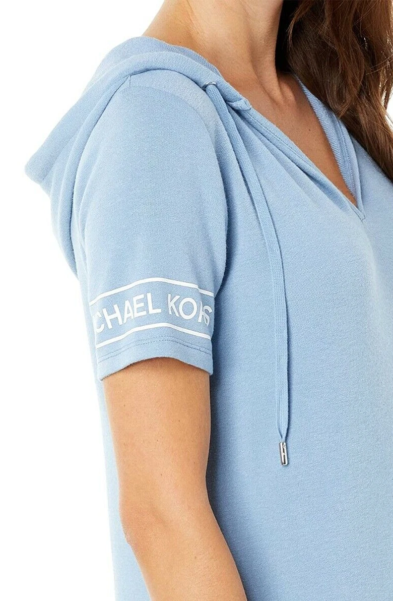 Abito donna Michael Kors felpa con cappuccio Terry logo manica chambray blu chiaro taglia XS