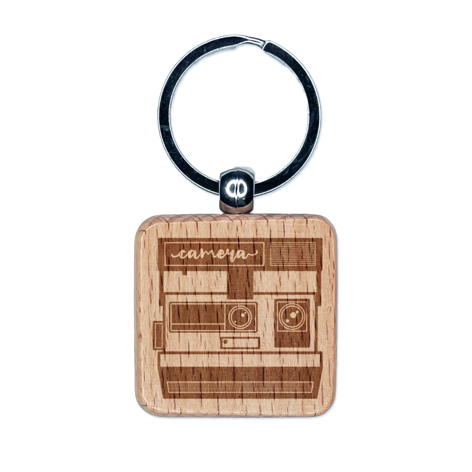 Vintage Instant Camera Photography Engraved Wood Square Keychain Tag Charm-image