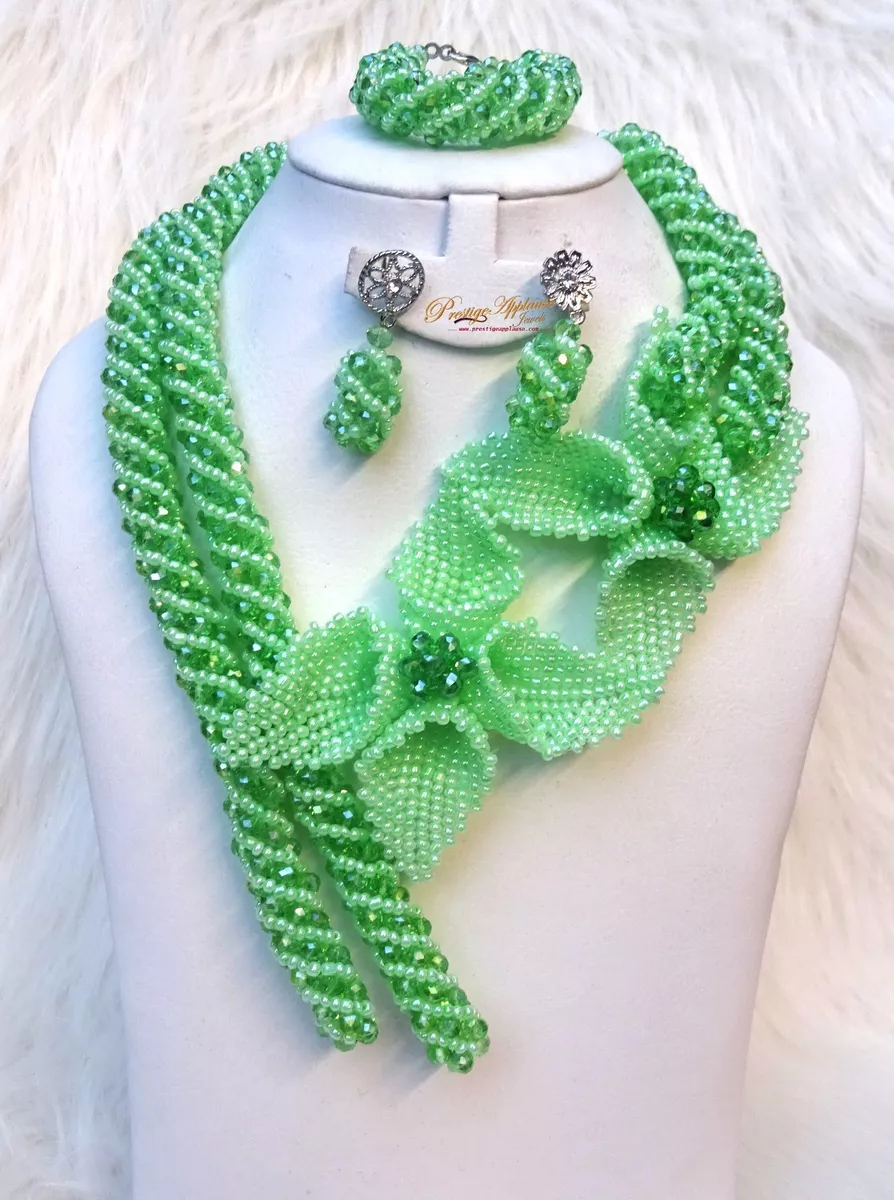 Latest Design 2 Pattern 2 Tones Green Party African Nigerian Beads Jewellery