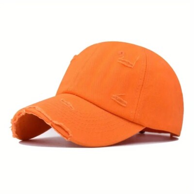 Bright Orange Distressed Baseball Ball Cap Hat Dad Solid, Plain Men Women Cotton