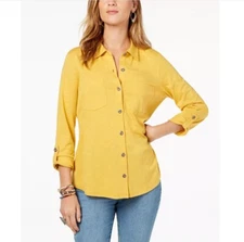 Style & Co Womens Large Tumeric 3/4 Sleeve Pocketed Utility Shirt NWT H76