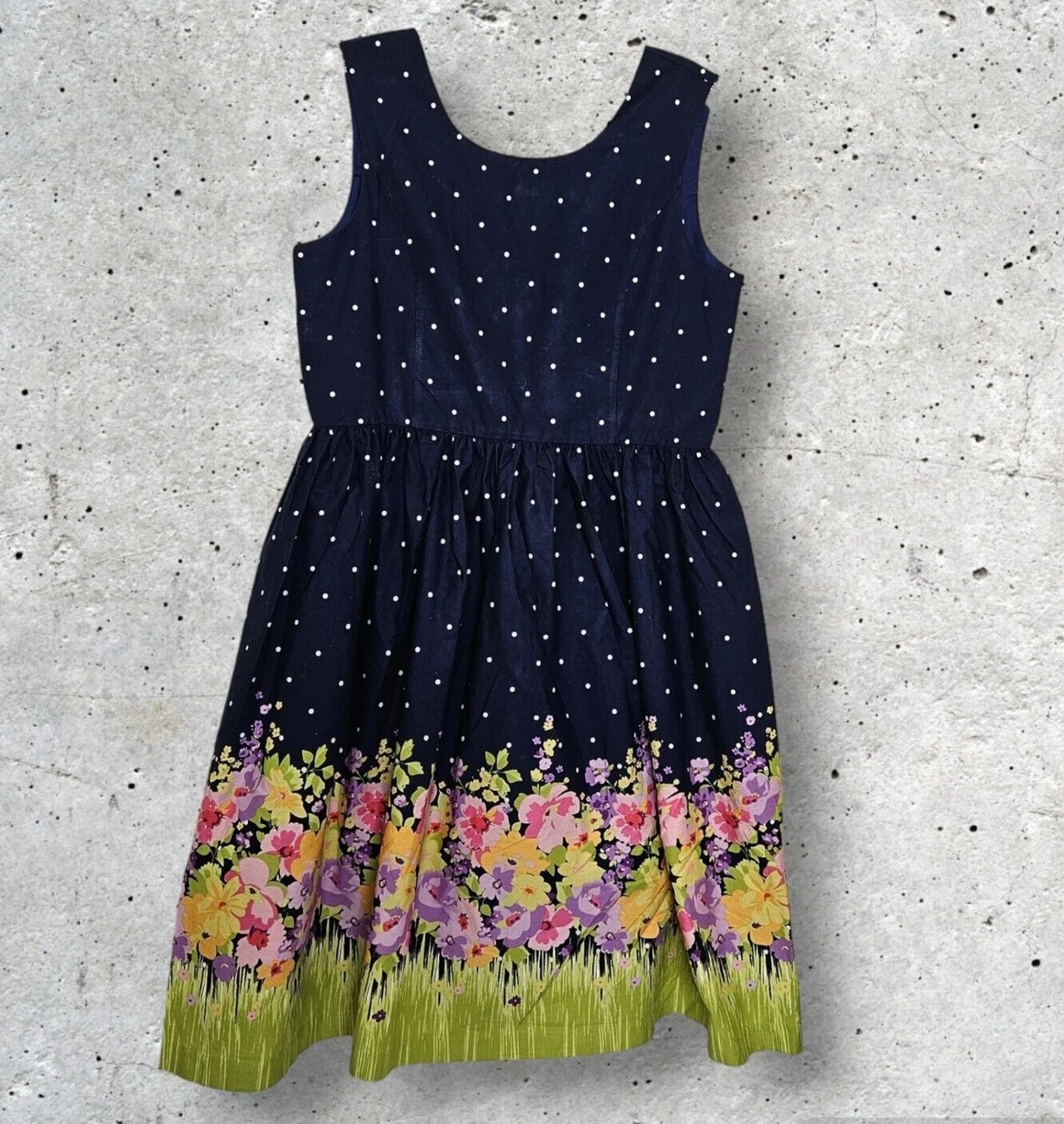 Bonnie Jean Girls Dress Crew Neck Sleeveless Navy Blue White Polka Dots Size 16