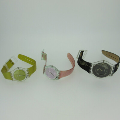 1990s and Mid 2000s Lot of 3 Ladies Swatch Swiss Quartz Plastic Watches As-Is