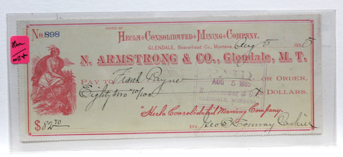 1886 ARMSTRONG, GLENDALE MT HECLA MINING LARGE BRIGHT XF+ VERY NICE CRISP PAID