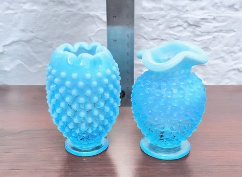 Vintage Fenton Blue Opalescent Hobnail Vase Set 2 Cupped Crimp & Triangle Mini