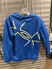 Under Armour Hoodie YXL Blue Big Logo Fleece Pullover Hooded Sweatshirt Graphic