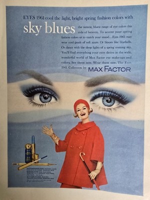 1961 Max Factor Sky Blues Eyeshadow Mascara Pencil Liner Vintage Cosmetics Ad