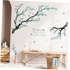 Blue Flowers Wall Stickers,Watercolor Flower Branch Wall Decals for Living