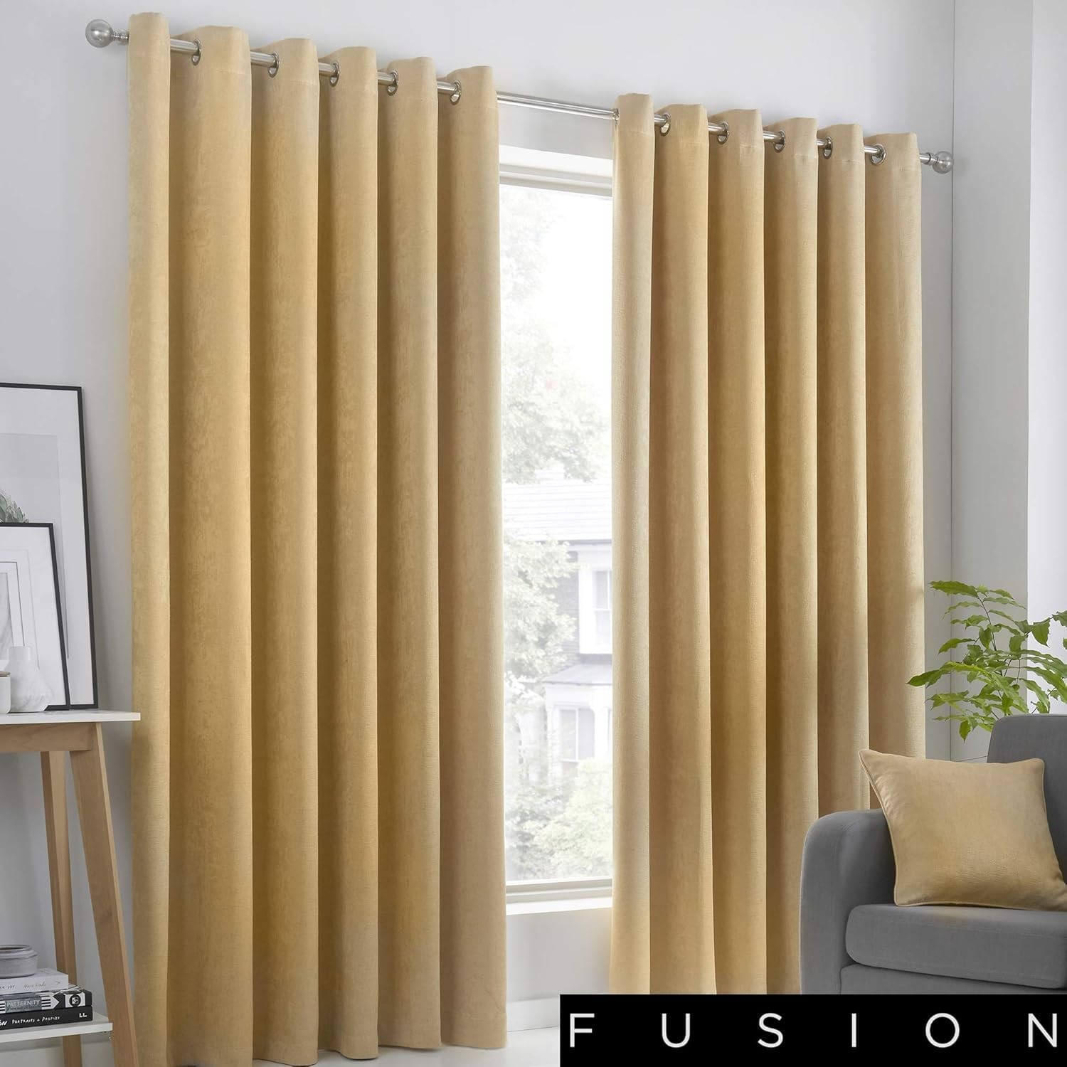 Fusion Strata Woven Eyelet Lined Curtains, Ochre, 90 x 72 Inch, 100% Polyester,