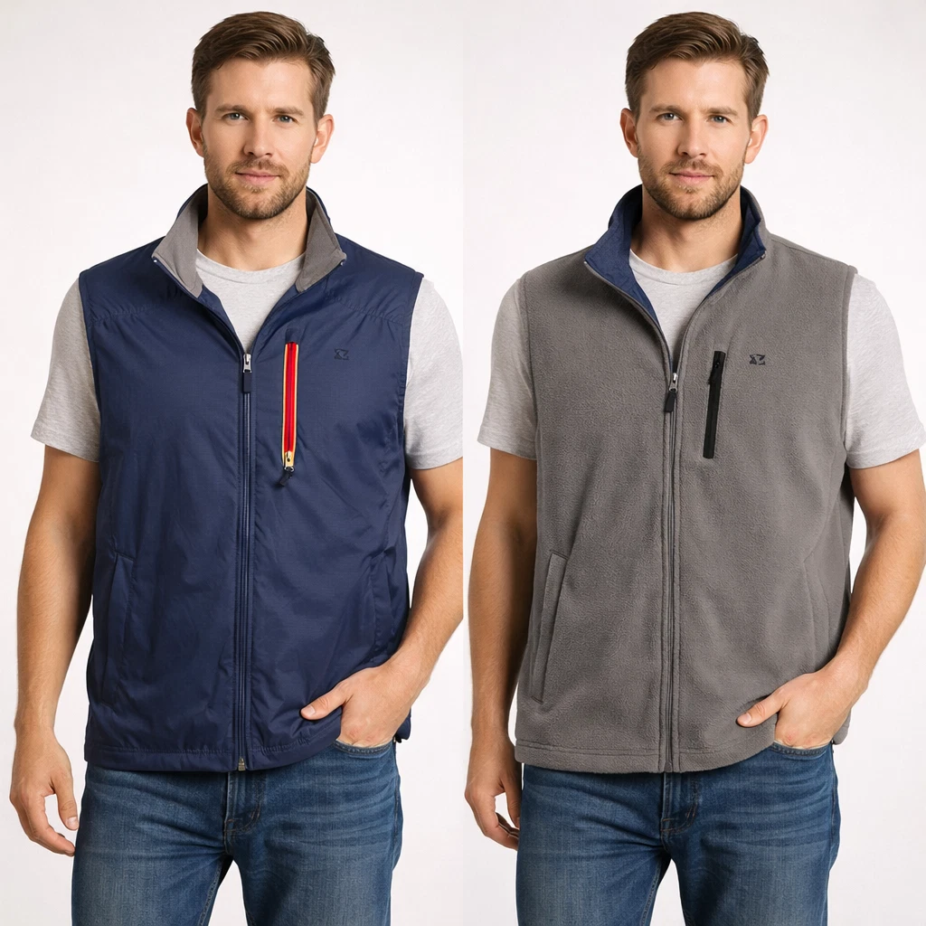IZOD Reversible Best Mens L Blue Gray Fleece Windbreaker Full Zip Outdoor Vest