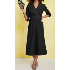 Talbots Black Poplin Faux Wrap Fit Flare Shirt Dress Midi Cotton Sz 10 Modest