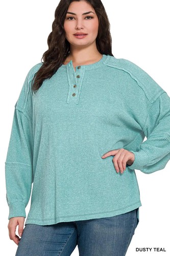 Zenana Women's Plus Ribbed Brushed Hacci Melange Henley Sweater - Dusty Teal