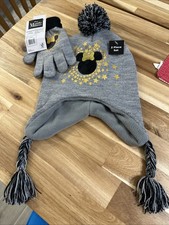 Disney Minnie Mouse Winter Hat Touchscreen Gloves 2 Pc Set Gray Gold NWT