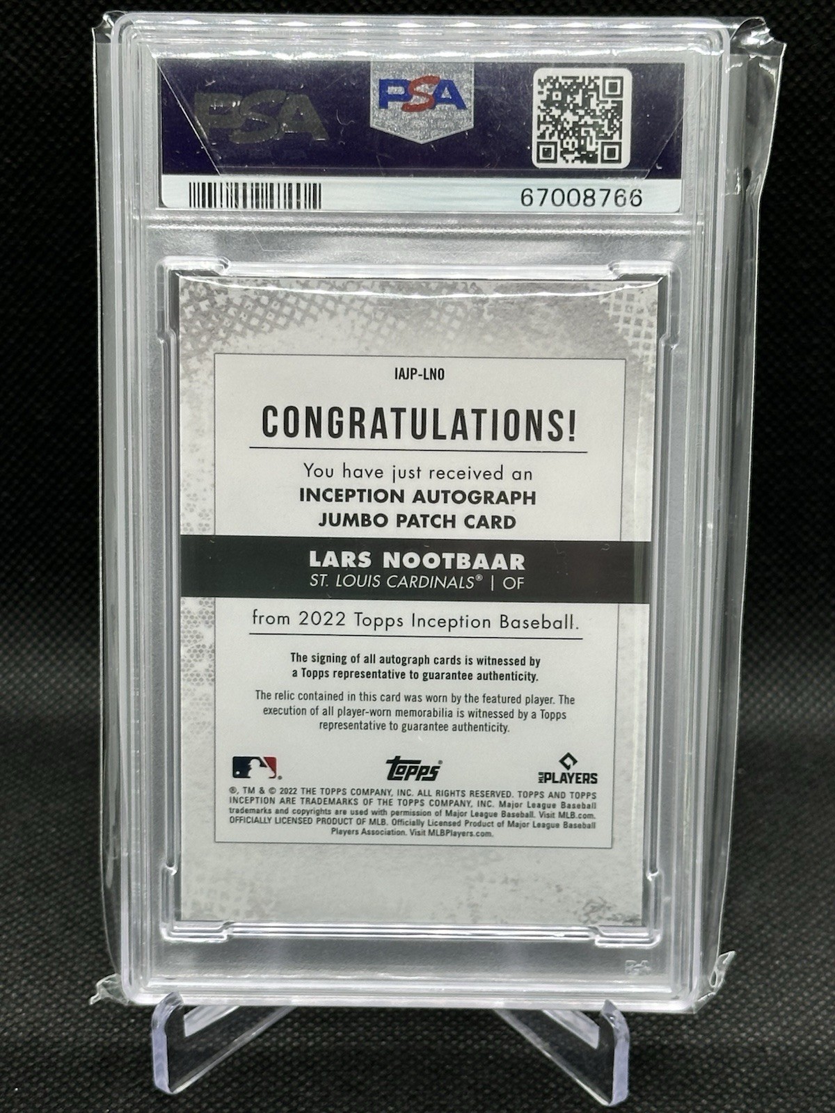 2022 Topps Inception Jumbo Patch Auto #IAJP-LNO Lars Nootbaar /125 PSA 10 view 2