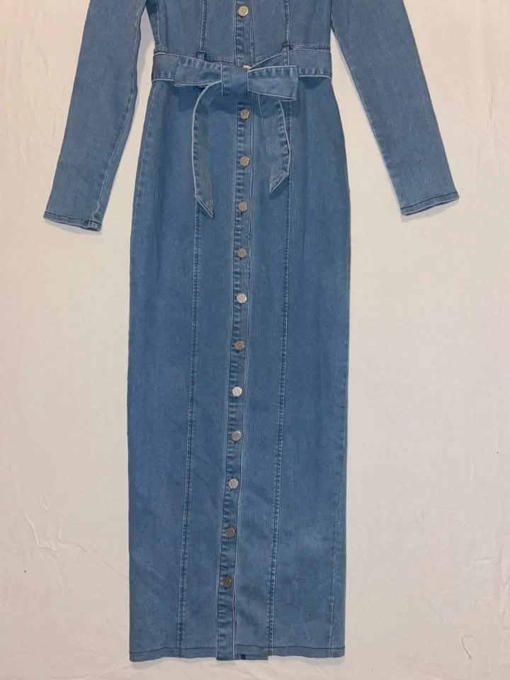 Moda Nova Patch Me Up Largo Completo Botón Denim Camisa Vestido Talla M Foto 2 de 4