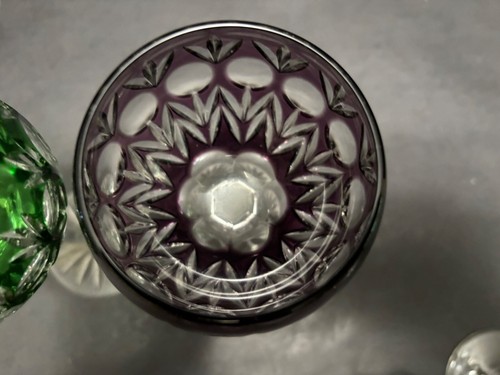 2 Godinger DYNASTY HOCK WINES 8" Cut to Clear Crystal Glasses Amethyst & Green - Picture 2 of 8