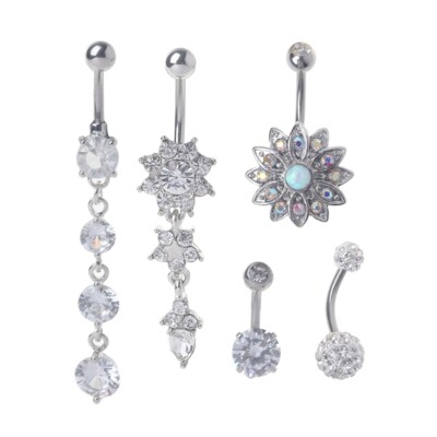 5 Pcs CZ Stone Piercing Belly Button Rings Dangle Belly Navel Rings