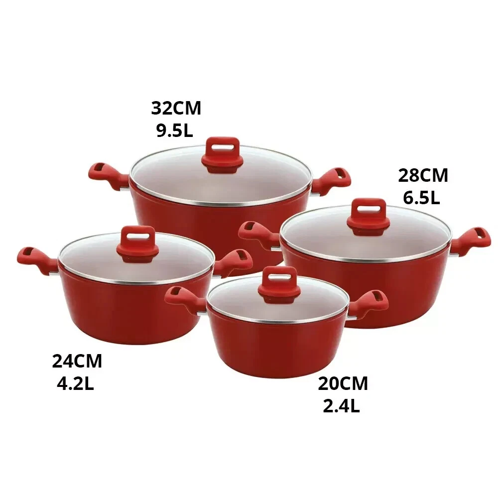 4Pcs Stockpot Aluminium Non Stick Cooking Pot Set, Induction Base, Glass Lid RED