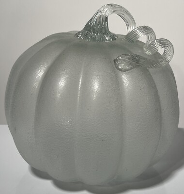 Halloween Textured Large White art glass pumpkin Hand Blown Stem Fall Autumn
