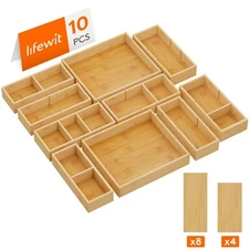Lifewit Drawer Organizers 10 Pack(22 Grid) with 12 Inserts,Bamboo Wooden