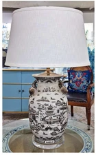 Black, White Porcelain Chinoiserie "Jug" Lamp. Hand Painted. Lampshade Included