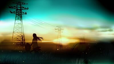 Anime artwork sunset bicycle girls power lines Playmat Game Mat Desk