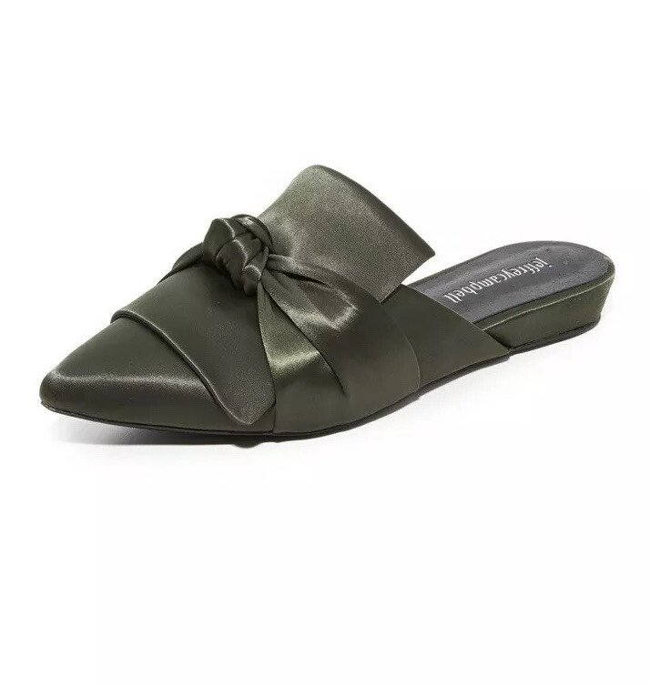 NEW Sz $130 Jeffrey Campbell Olive Green Dello Satin Knot Mules Flats  Pointy