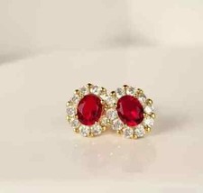 Lab-Created Red Ruby 2.10CT Oval Cut Halo Stud Earrings 14k Yellow Gold Plated