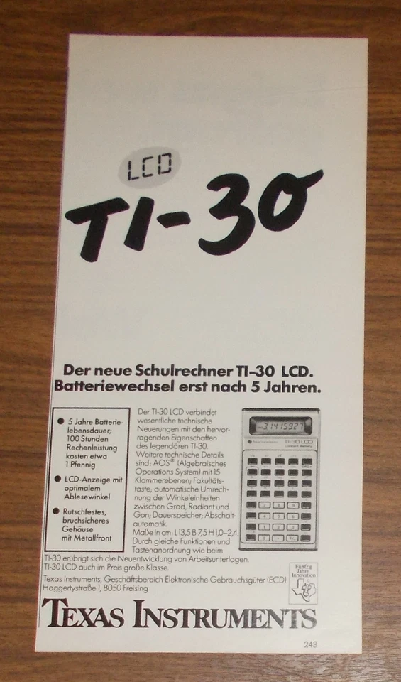Seltene Werbung TEXAS INSTRUMENTS TI-30 LCD Taschenrechner 1980 - Bild 1 von 1