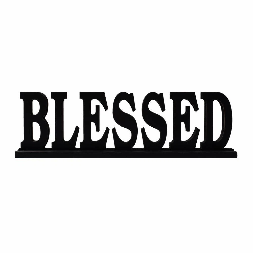 Black Wood Blessed Cut-Out Standing Tabletop Sign Block Letters Decor