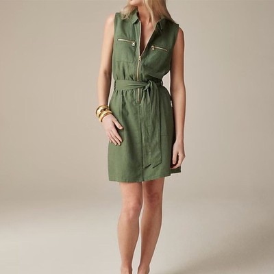 J.CREW Zip Front Linen Blend Dress Size 10 Moss Green Gold Summer Breathable NWT