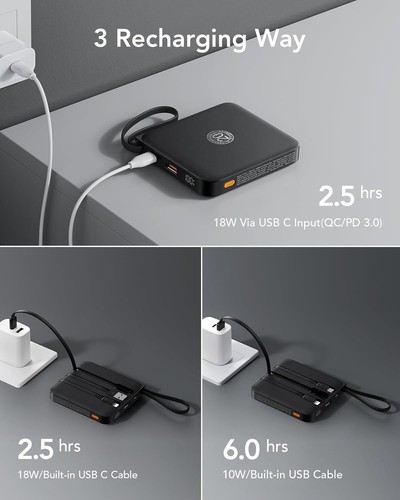 10000mA Mini Tragbares Ladegerät mit integriertem Kabel 22,5W Schnellladen USB Schwarz - Bild 8 von 8