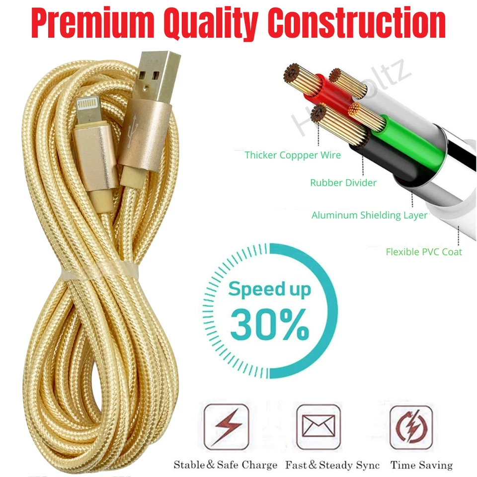 Cable cargador USB de 10 pies de largo cable trenzado de nailon para Apple iPhone 13 12 11 X iPad Foto 2 de 4