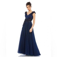 Mac Duggal 11152 3D Floral Applique A-Line Evening Gown Midnight Blue Sz. 20 NWT