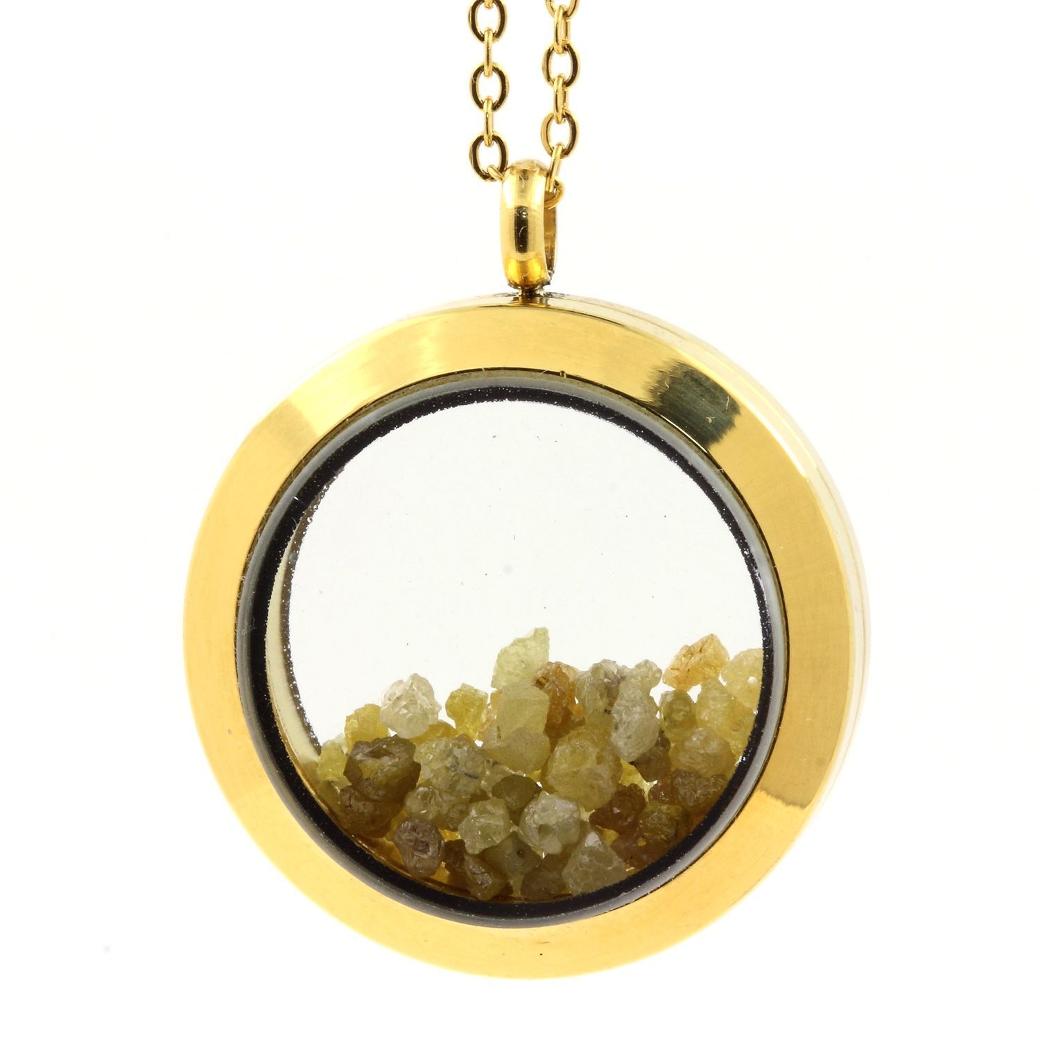 Collier diamant brut vert jaune médaillon 20 mm pendentif or