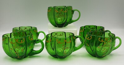 6 Antique Bohemian Moser Style Enameled Lobed Quatrefoil Green Glass 2.25''H Cups