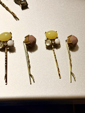 Gold Tone Metal Bobby Pins Set of 4 with Yellow White Pink Oval Glass Stones