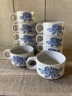 Midwinter Stoneware Stackable Mugs Blue Floral Set/9