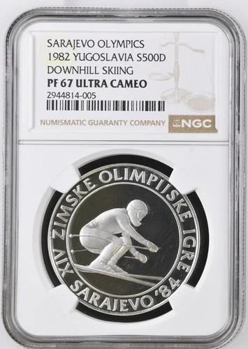 1982 YUGOSLAVIA S500D DOWNHILL SKIING SARAJEVO OLYMPICS NGC PF 67 ULTRA CAMEO