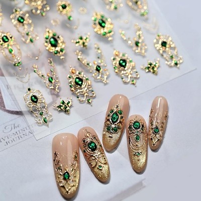 Gold Nail Art Stickers 5D Embossed Green Gem Luxury Style-31 